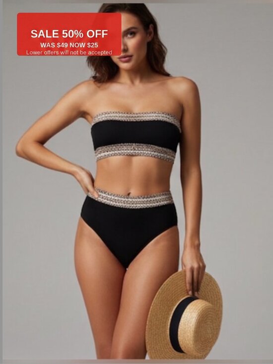 By Design Other - Ribbed Leopard Trim Bandeau High Waisted Bikini Swimsuit.